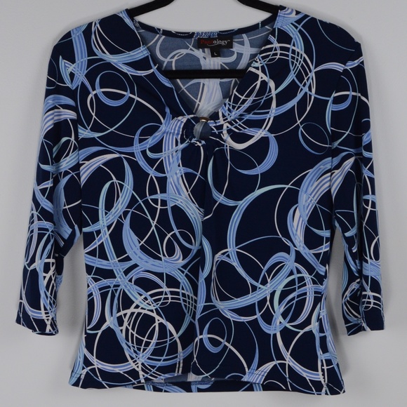 Pantology Blue Pattern Keyhole 3/4 Sleeve Shirt - Picture 2 of 5